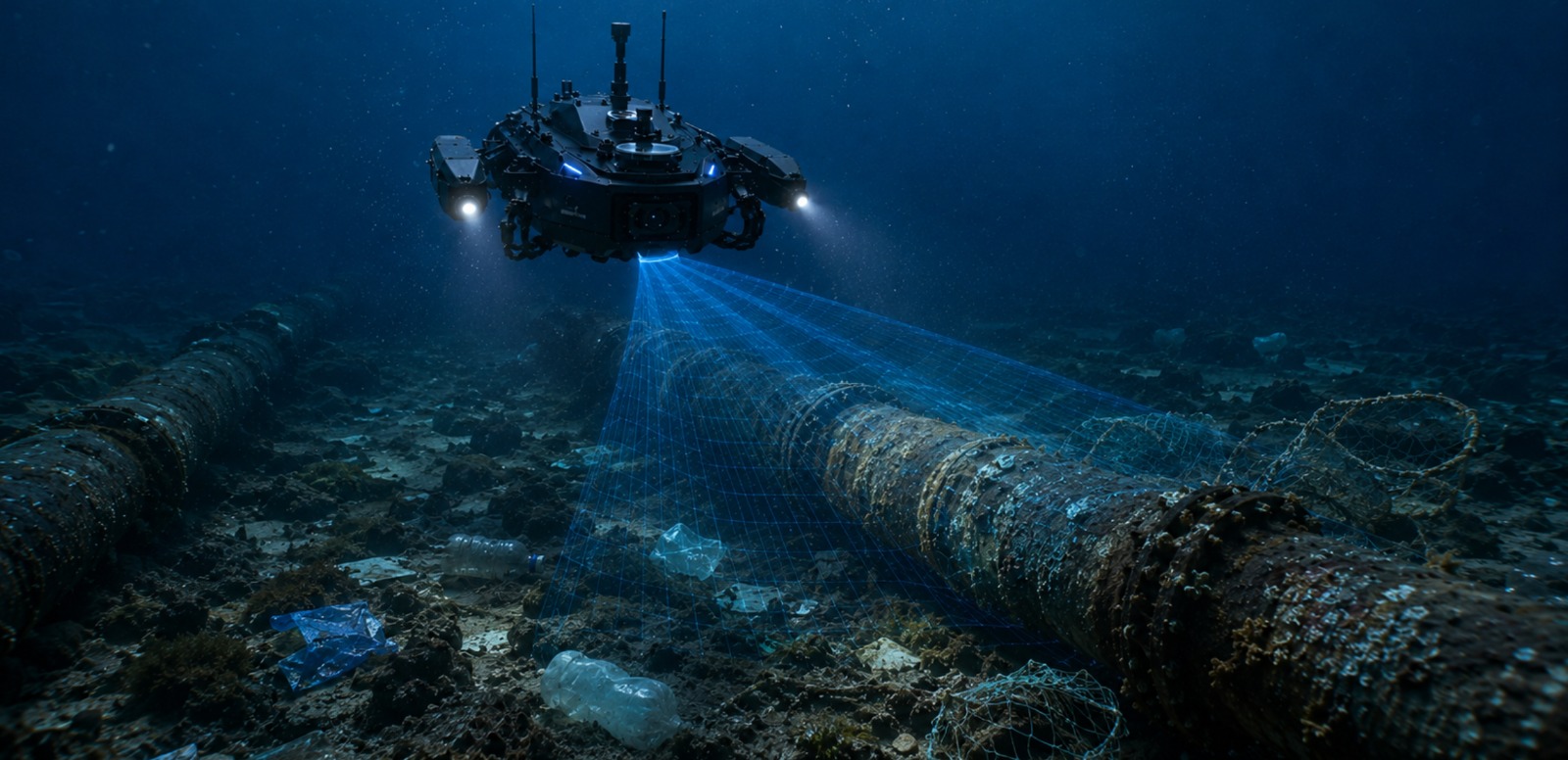 The autonomous underwater drone conducts real-time inspections